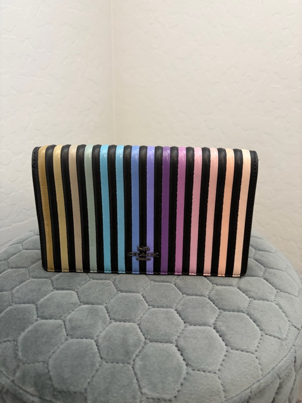 Coach Multicolor Striped Leather Clutch with Crossbody Strap